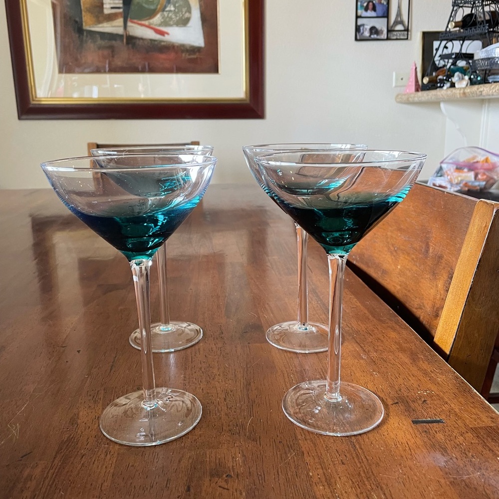 Set of 4 West Elm Ombré Teal Martini/Champagne Coupe Glasses